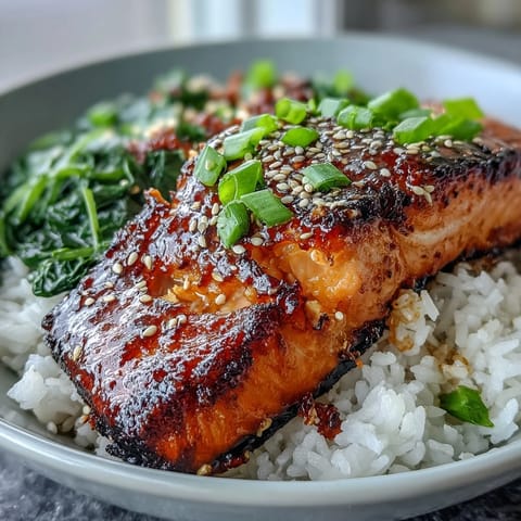 A top-down view of a Miso Glazed Salmon Bowl, featuring glistening salmon with a dark caramelized glaze over fluffy white rice and wilted greens. 