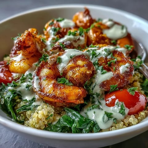 Colorful Mediterranean Shrimp Bowl with quinoa, cherry tomatoes, cucumber, and Kalamata olives.