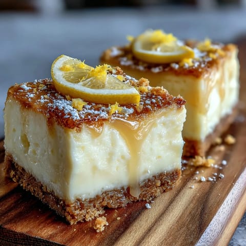 Bright and zesty limoncello cheesecake bars on a golden graham cracker crust, ideal for refreshing dessert lovers.  