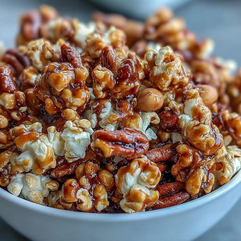 Baseball Season Popcorn Mix with Peanuts and Caramel in a large bowl, drizzled with golden caramel and sprinkled with roasted peanuts for a perfect game day snack.