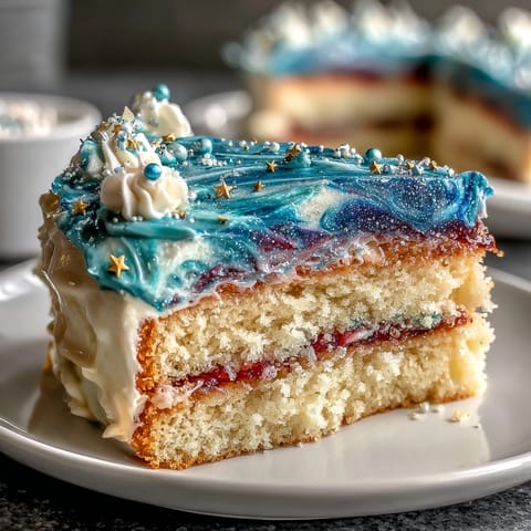 Galaxy Graduation Cake with edible stars, a celestial dessert perfect for celebrating academic milestones with shimmering, marbled buttercream.