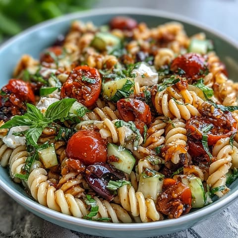 Vibrant picnic pasta salad with Italian dressing, featuring colorful vegetables and mozzarella pearls.  