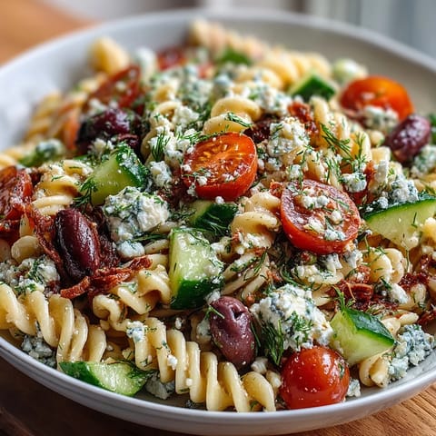 Greek-style pasta salad with colorful vegetables, briny olives, and creamy feta cheese.  
