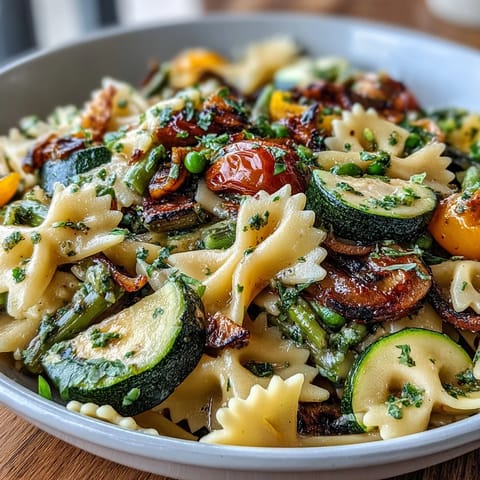 Colorful Spring Pasta Primavera with fresh seasonal vegetables in a light herb sauce.