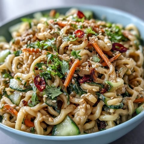 Cold sesame noodle bowl with cucumber, vibrant julienned vegetables, and fresh herbs on top.  
