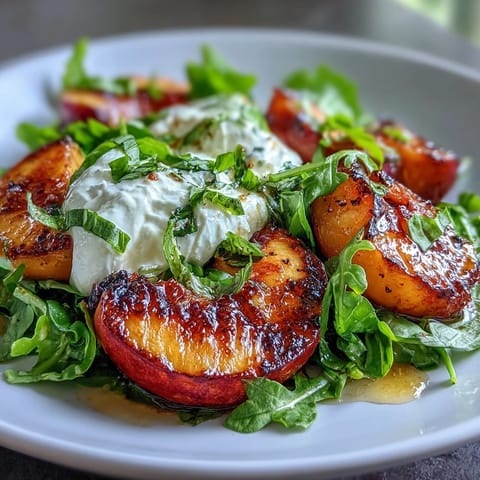 Grilled peaches and creamy burrata salad drizzled with honey and balsamic glaze. A summer favorite.  