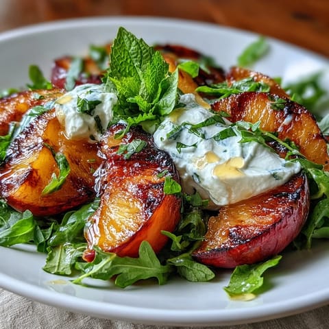 Sweet grilled peaches paired with burrata cheese and fresh greens, finished with honey and basil.  