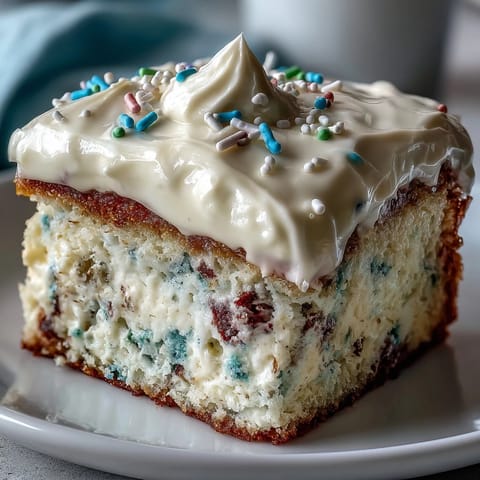 A vibrant spring birthday cake with fluffy funfetti layers, creamy funfetti dip frosting, and rainbow sprinkles galore.  