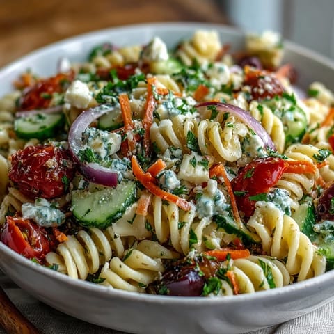 Memorial Day Pasta Salad with Italian Dressing and Veggies in a white bowl, featuring colorful rotini, cherry tomatoes, cucumber, and bell peppers tossed in zesty dressing.