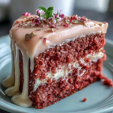 Blush Rosé Velvet Cake, showcasing delicate frosting and a luxurious gold cascade.