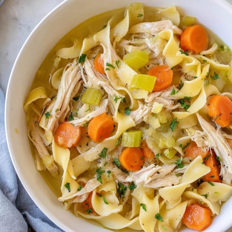 Close up of flavorful Chicken Noodle Soup with fresh parsley garnish, perfect for a cold day's dinner.