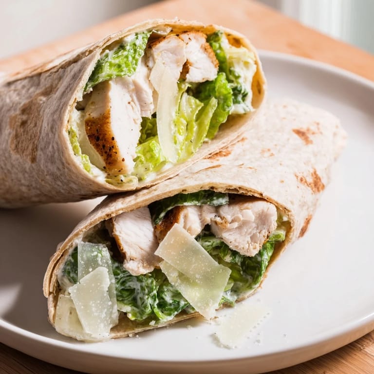 Freshly assembled Chicken Caesar Wrap, featuring romaine, Parmesan, and juicy chicken slices.
