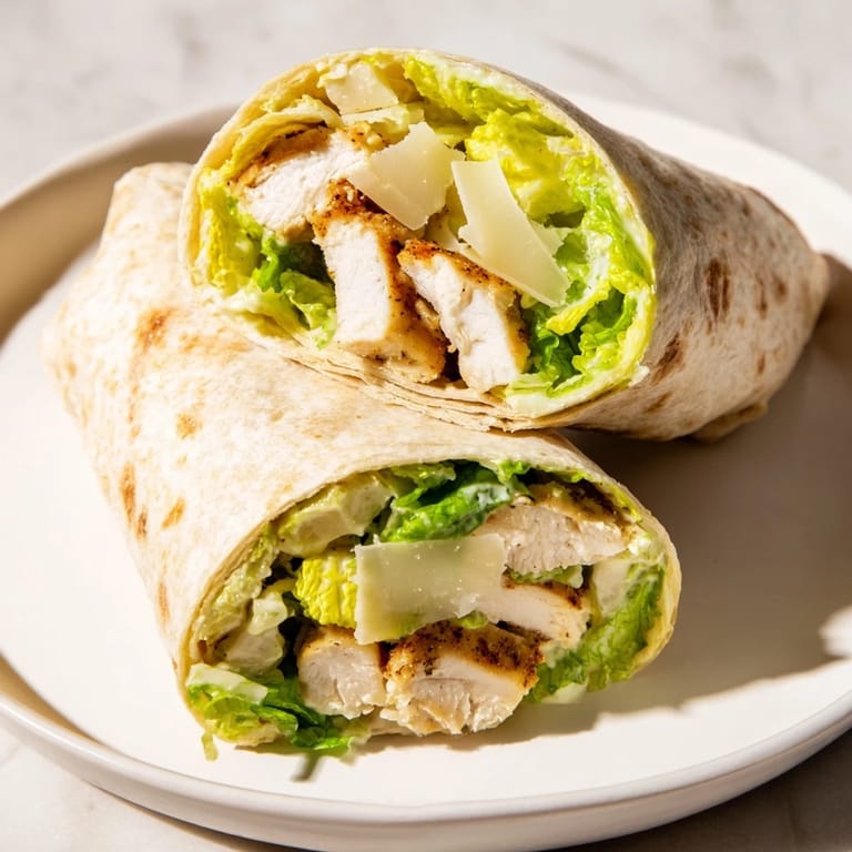 A close-up of a perfectly rolled Chicken Caesar Wrap, showcasing the delicious filling textures.