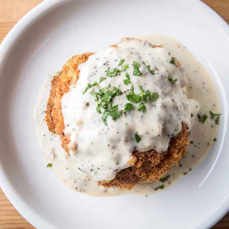 A close-up of a perfectly fried Chicken Fried Steak piece glistening with a creamy gravy coating.
