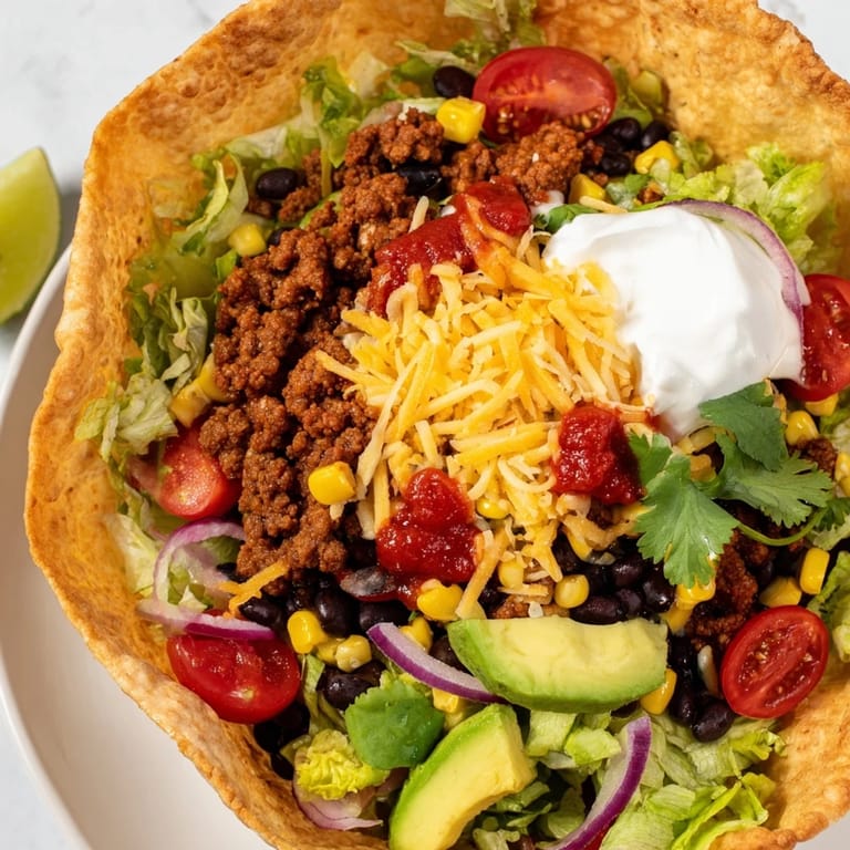 Enjoy delicious Taco Salad: seasoned ground beef, fresh veggies and cheese in a crunchy tortilla shell.