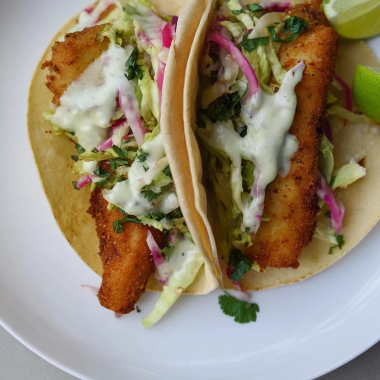 Freshly assembled fish tacos on a wooden table, perfect for a flavorful and easy Mexican meal.
