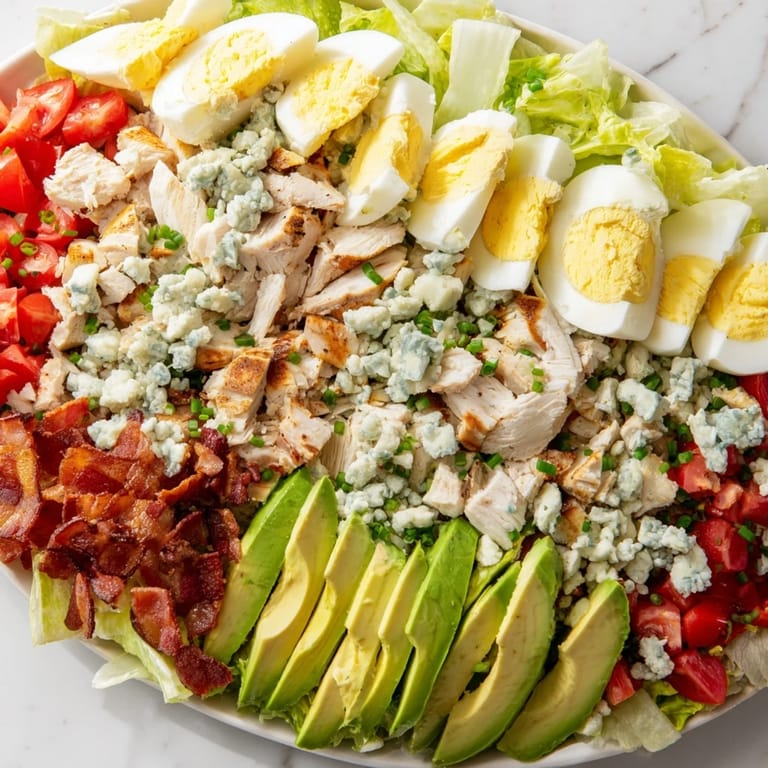 Freshly prepared Cobb salad showcases perfectly cooked chicken and creamy avocado with vinaigrette drizzled.