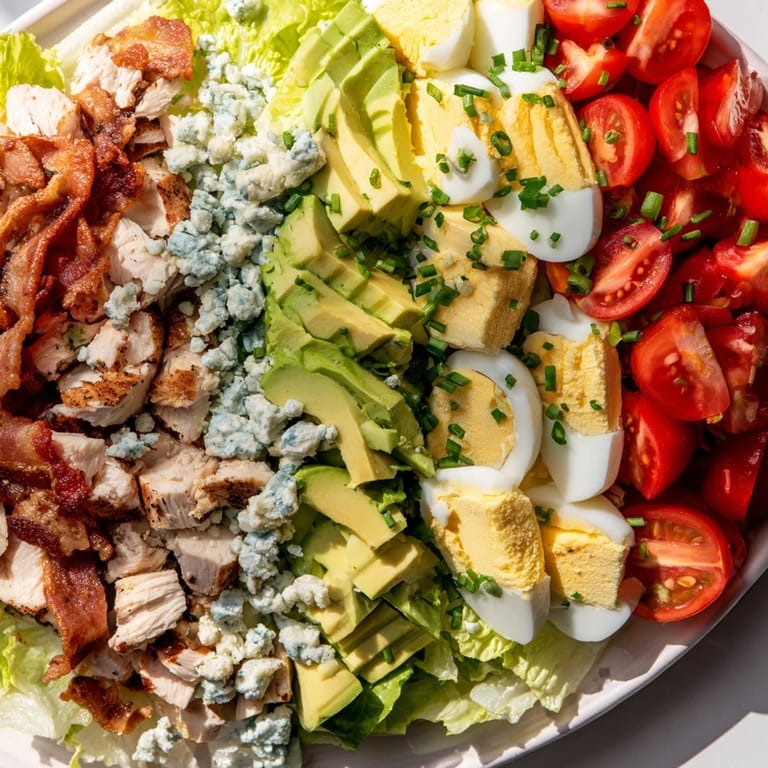 This layered Cobb salad features a medley of flavors including eggs, bacon, and blue cheese, ready to eat.