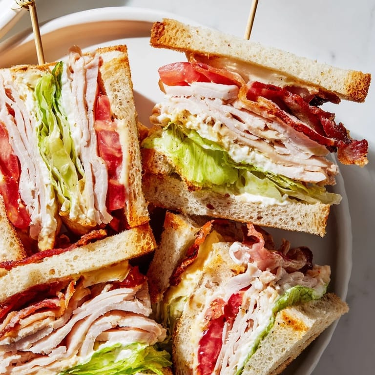 A delicious turkey club sandwich, featuring rows of turkey, bacon and fresh veggies, served in slices.