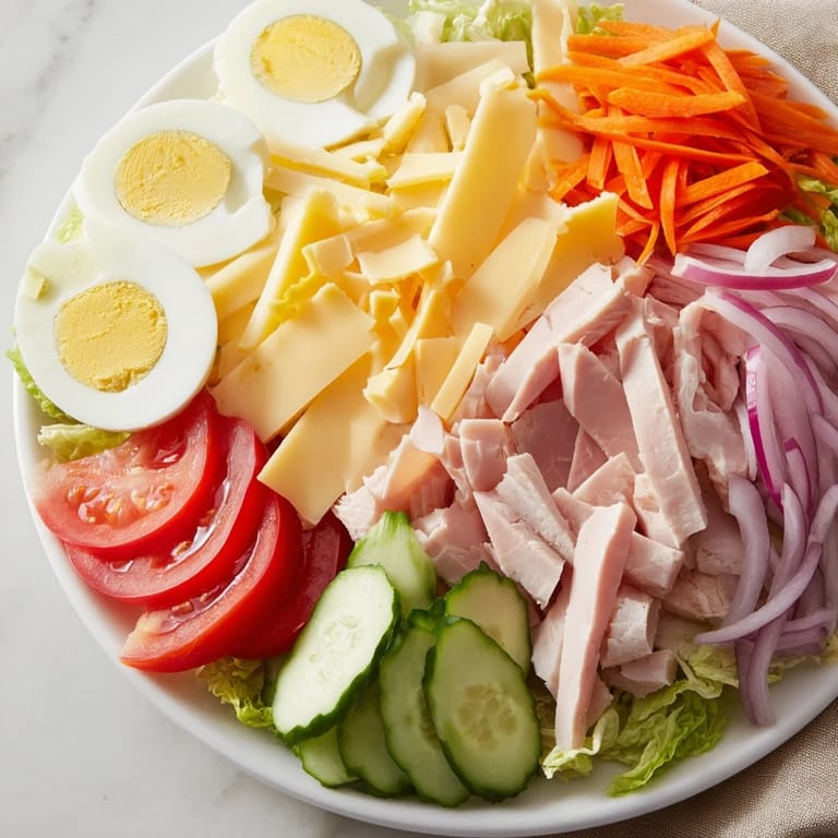 Close up shot of a classic Chef Salad, featuring colorful ingredients and a zesty vinaigrette dressing.