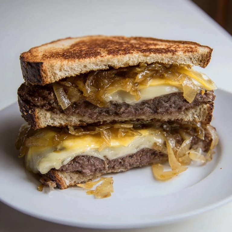 Warm, melted cheese oozes from a delicious patty melt with caramelized onions nestled inside.
