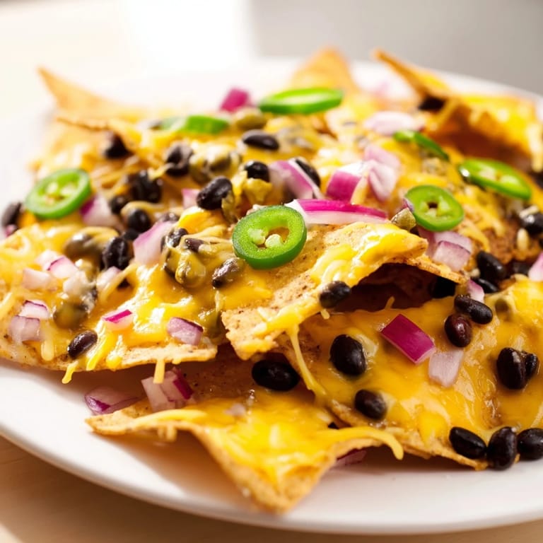 Delicious and cheesy Nachos, a festive appetizer loaded with black beans and fresh toppings.