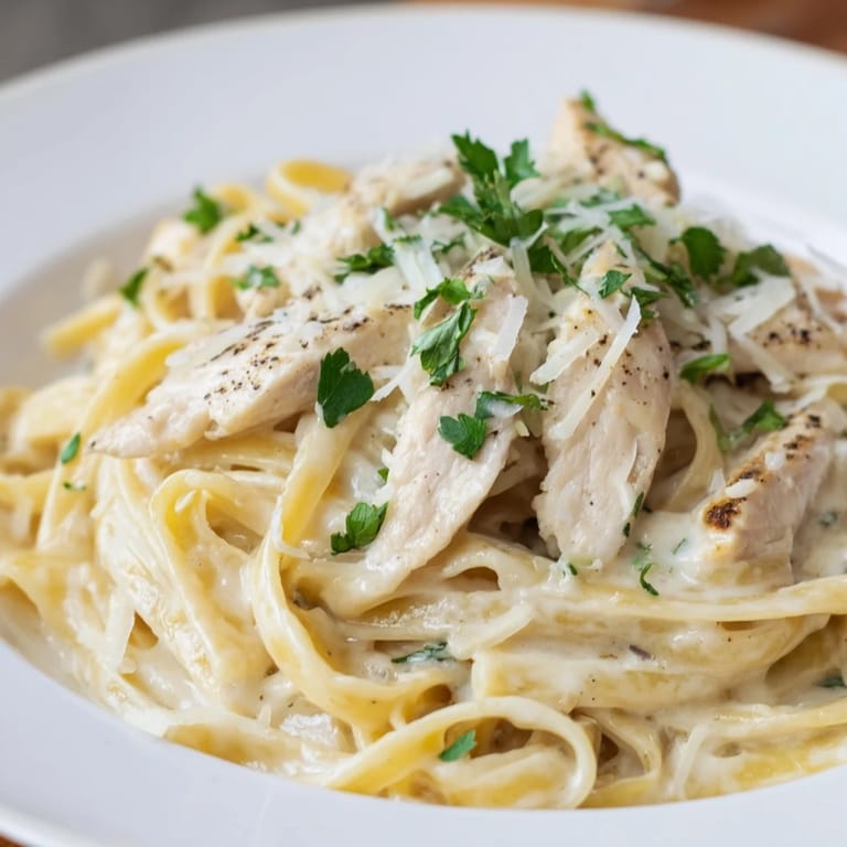 A close-up of steaming fettuccine Alfredo, rich Parmesan sauce coating perfectly cooked pasta strands.