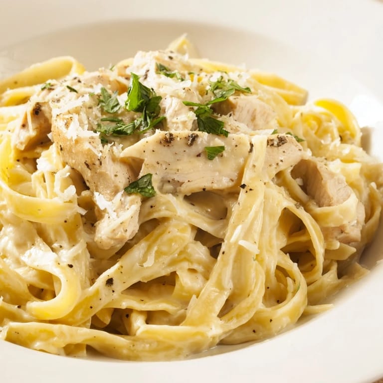 Enjoy a plate of homemade fettuccine Alfredo, perfectly sauced and served with fresh parsley garnish.
