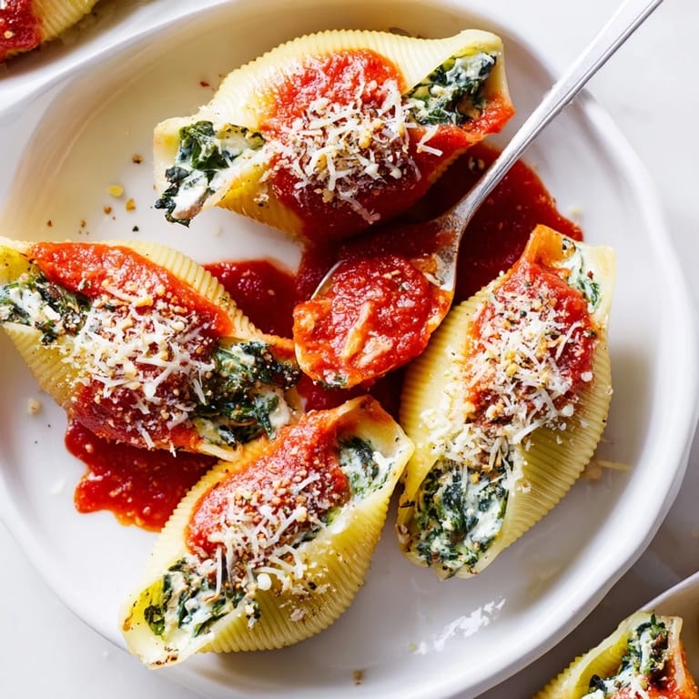 A close-up of steaming stuffed shells, showcasing bubbling mozzarella, perfect for a cozy Italian dinner.