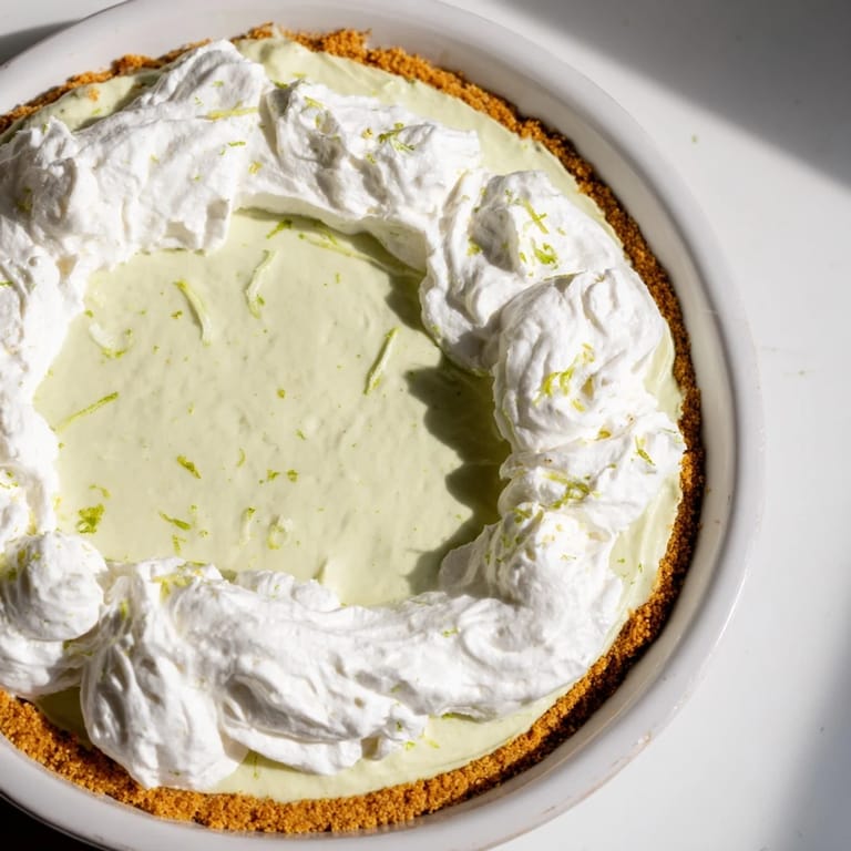 Close-up of a finished Key Lime Pie showing the vibrant lime filling and fresh zest.