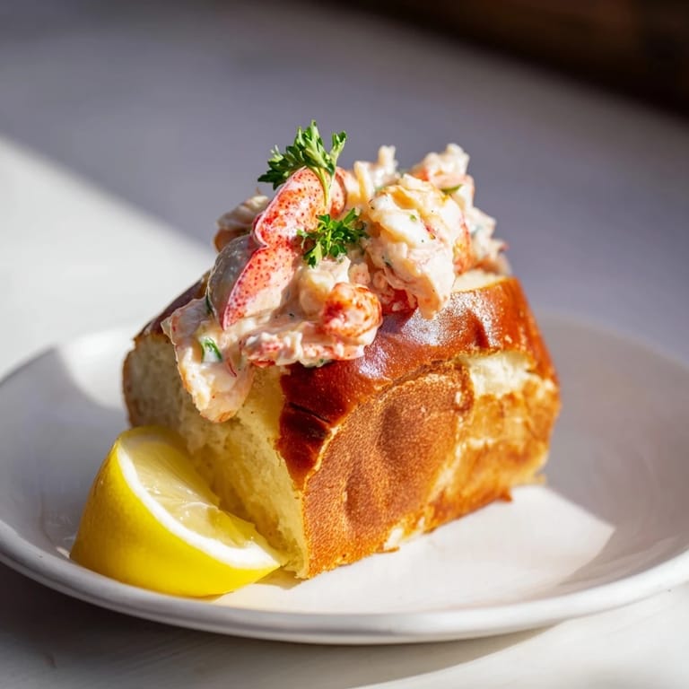 A close-up of a delightful New England Lobster Roll, garnished with fresh parsley.