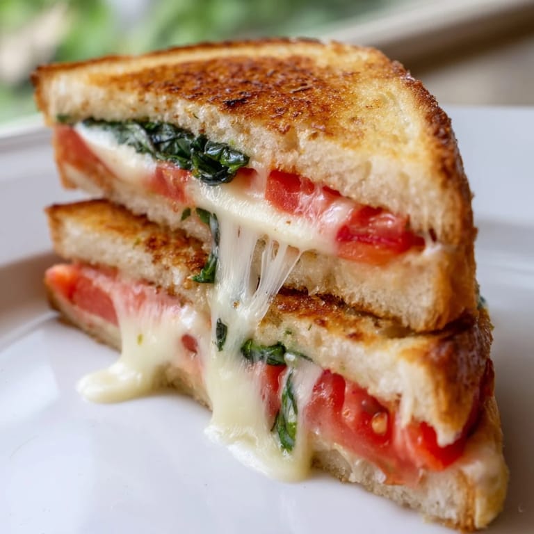 From a bird's-eye view, two plates of tomato basil grilled cheese sit ready to eat, garnished with basil, paired with a steaming bowl of tomato soup.