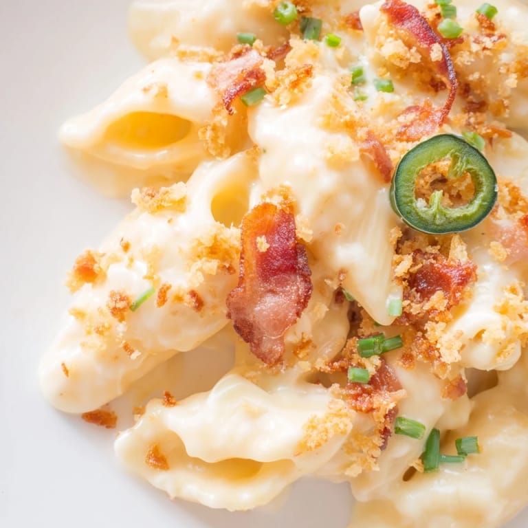 Savory Jalapeño Popper Pasta served in a bowl, garnished with bacon bits and fresh chives.
