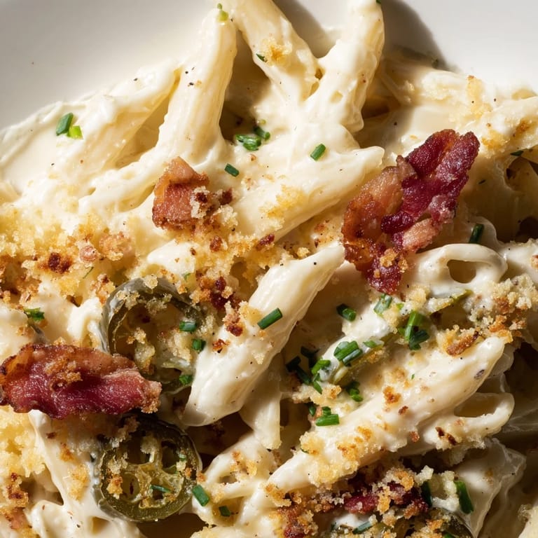 Close-up of Jalapeño Popper Pasta showing creamy cheese sauce clinging to penne and roasted jalapeños.