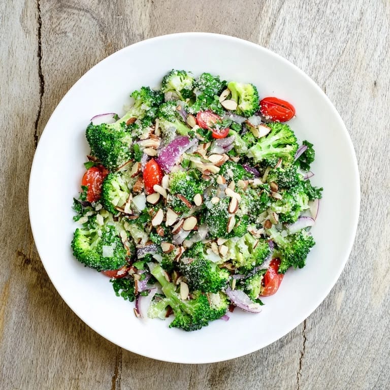 Fresh Garlic Parmesan Broccoli Salad served chilled as a side, featuring crisp vegetables, tangy dressing, and a sprinkle of Parmesan cheese.