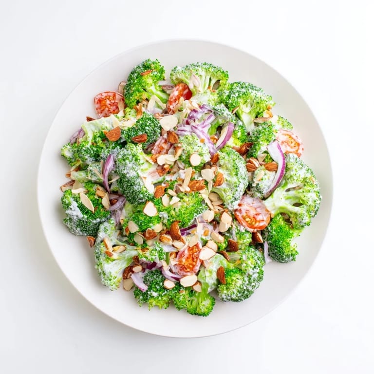 Close-up of Garlic Parmesan Broccoli Salad with shiny dressing on bright broccoli, parsley garnish, and crunchy toasted almond slivers, perfect for summer potlucks.