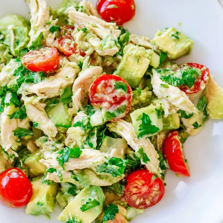 A close-up look at Avocado Chicken Salad, combining ripe avocado, herbs, and olive oil, perfect for a low-carb main dish or quick meal.