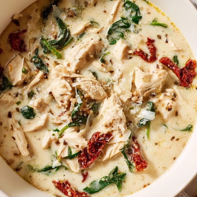 Close-up of Creamy Tuscan Chicken Soup, highlighting velvety broth, wilted spinach, and golden olive oil drizzle.