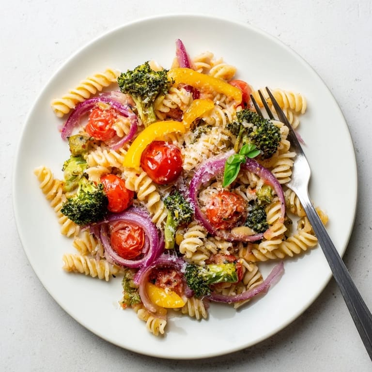 Savory pasta primavera with roasted seasonal vegetables, fresh basil, and a generous shower of Parmesan on top.
