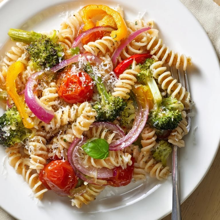Warm bowl of pasta primavera served with a lemon wedge, vibrant vegetables, and a light olive oil glaze.