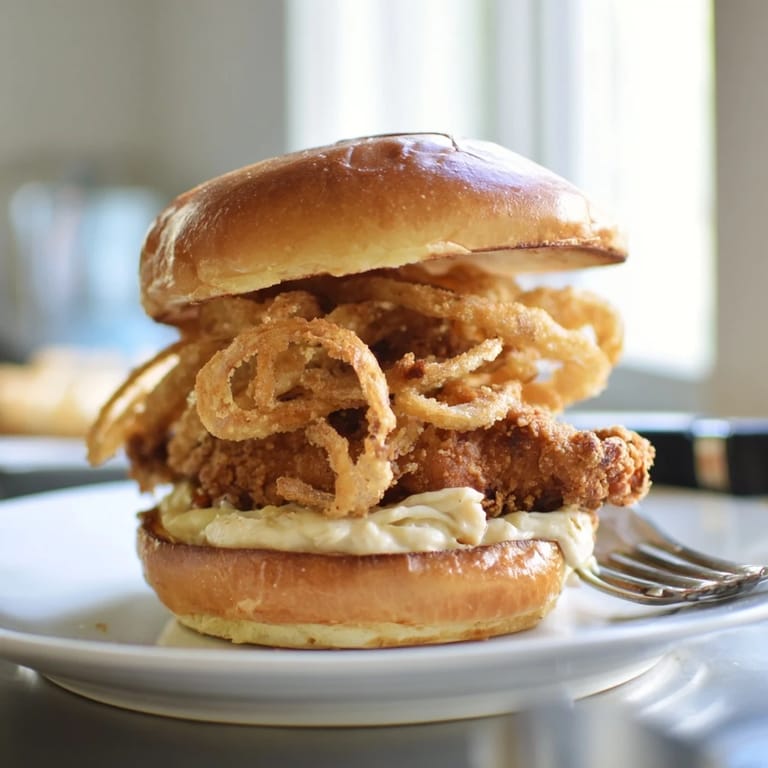 A delicious Crispy Onion Chicken Sandwich served on a plate with a side of pickles and golden fries.