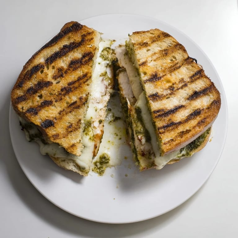 Golden, toasted ciabatta rolls stuffed with juicy grilled chicken, pesto, and ripe tomato slices.