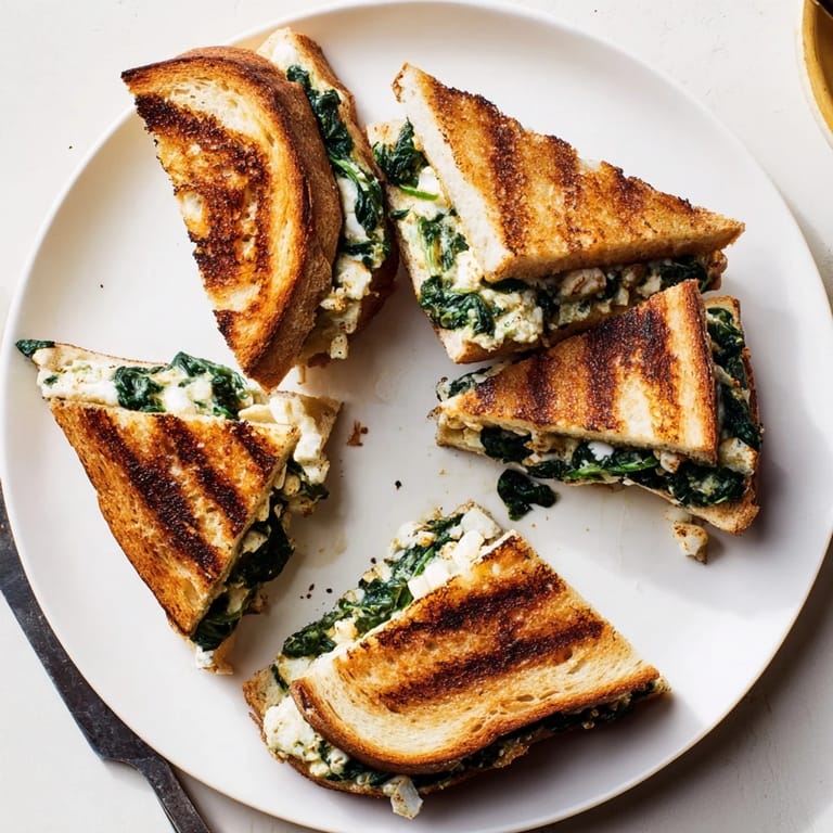 A handheld Feta & Spinach Stuffed Grilled Cheese, buttery and toasted, ready to be dipped into a bowl of rich tomato soup.