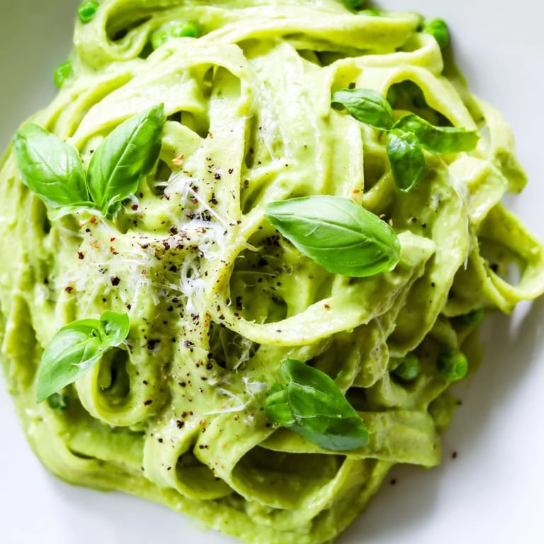 A close-up of Creamy Green Pea Alfredo with fettuccine, featuring a vibrant, creamy sauce studded with sweet green peas and cracked black pepper.
