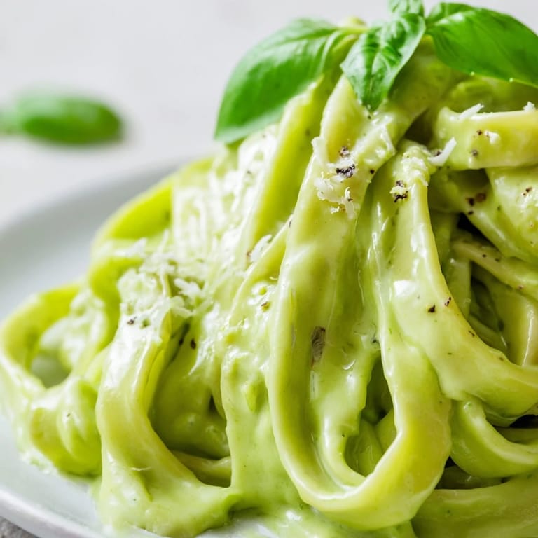 Serving suggestion for Creamy Green Pea Alfredo: twirled pasta in a white bowl, steam rising from the luscious, herb-flecked vegetarian main dish.