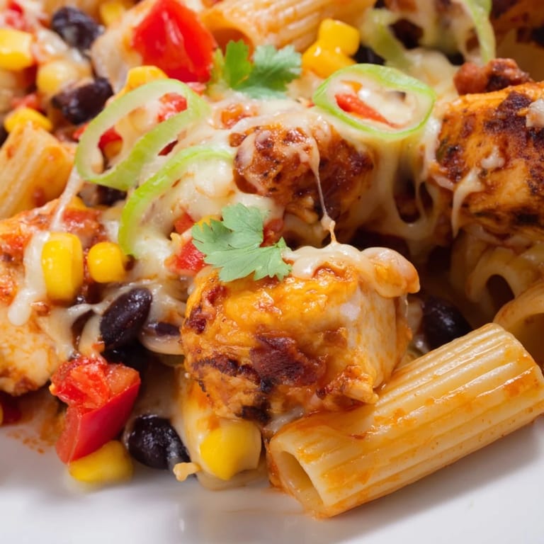 A close-up view of Crispy Chicken Burrito Pasta showing melted cheddar, diced red bell pepper, and a spoon ready to serve.