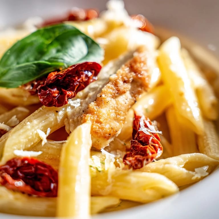This hearty Italian-American dinner showcases tender chicken and al dente pasta coated in a velvety, cheese-infused sun-dried tomato cream.  