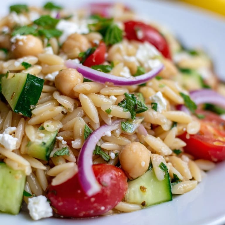 Close-up of Lemony Chickpea Orzo Salad, highlighting crisp cucumbers, juicy tomatoes, and glistening lemon vinaigrette in a large mixing bowl.