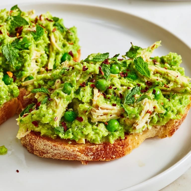 Hearty open-faced sandwich with creamy smashed peas, shredded chicken, and feta, served warm on rustic bread for a quick dinner.