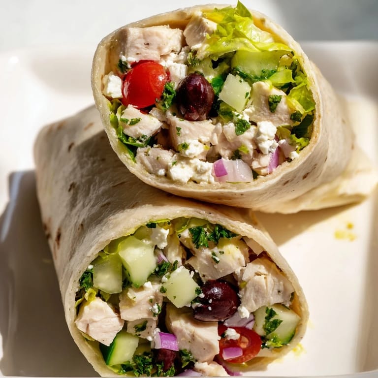 Golden grilled Greek Lemon Chicken Salad Wrap filled with tender lemon-herb chicken and crunchy vegetables, served with a drizzle of olive oil.